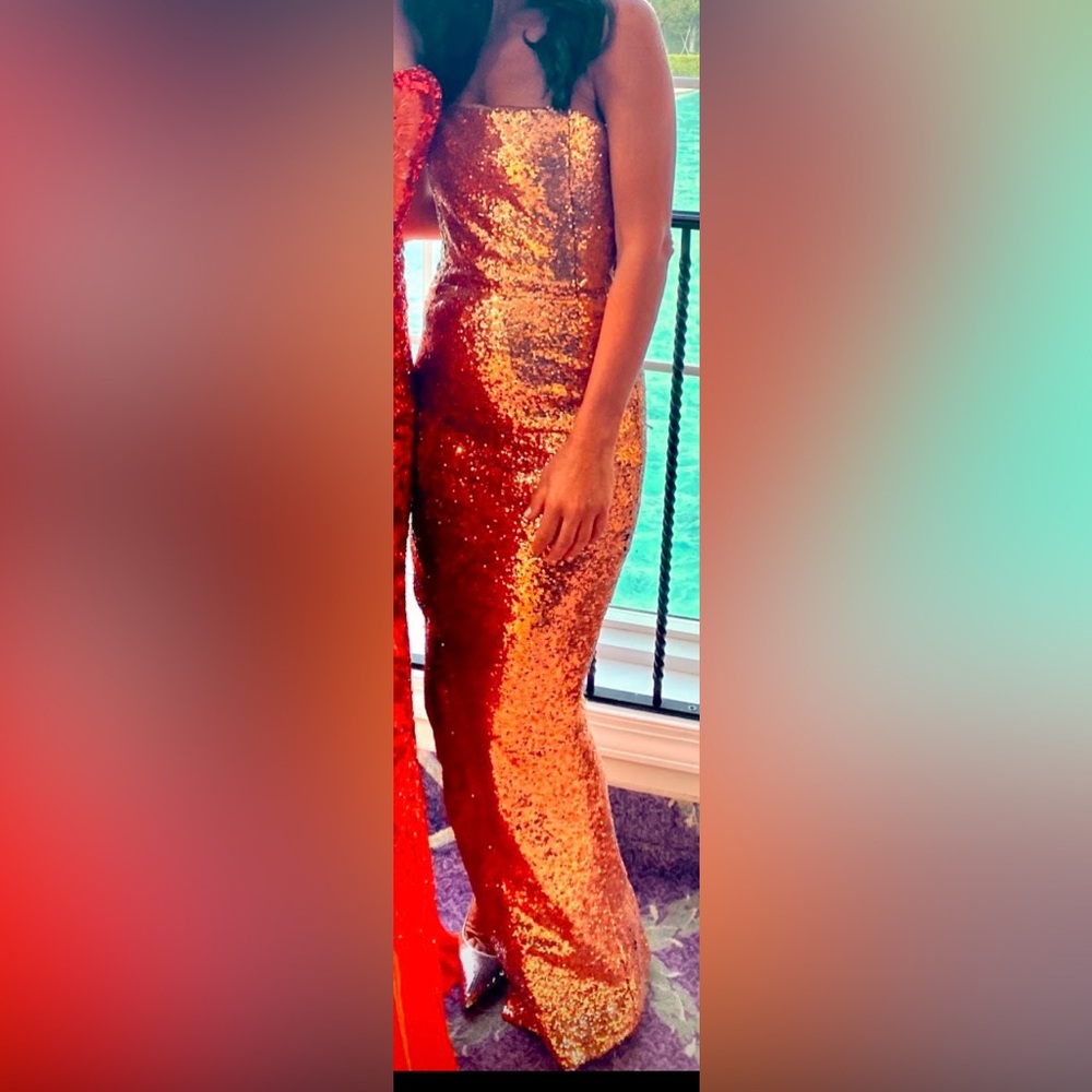 PRABAL GURANG Rose Gold Sequin Strapless High Slit Gown